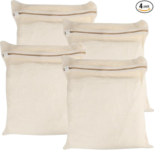 4-Piece Large Durable Organic Cotton Mesh Laundry Bags with Sturdy Zippers and Breathable Mesh are Delicate Laundry Bags for Underwear, Clothes, Pants and Socks
