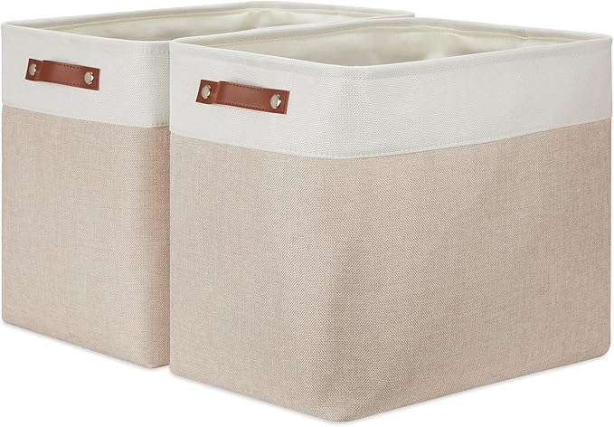 DULLEMELO Extra Large Storage Baskets, Fabric Storage Bins for Organizing Shelves Nursery Toys Books, Closet Baskets and Bins with Handles, White&Khaki, 2-Pack