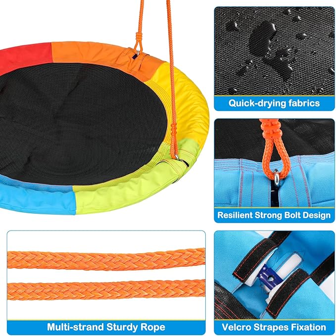 GIKPAL Saucer Swing with Stand for Kids Outdoor, 440lbs Swing Set with Heavy-Duty Metal Frame and Adjustable Ropes, Safe Waterproof Round Playset for Backyard Playground Park, Rainbow Color