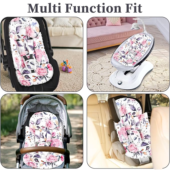 Pea Pod Infant Car Seat Insert with 3 Strap Covers, 3 in 1 Reversible Floral Baby Car Seat Head Support for Newborn, 3D Soft Minky Carseat Cushion for Preemie to Infant, Stroller, Swing, Bouncer