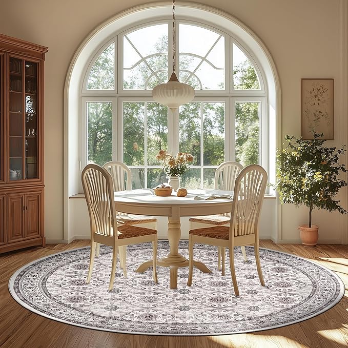 jinchan Round Rug 7ft Washable Circle Soft Rug - Low Pile Vintage 7'Round Indoor Beige Floral Print Stain Resistant Boho Carpet Ultra-Thin Non-Slip for Living Room Bedroom Dining Room Kitchen
