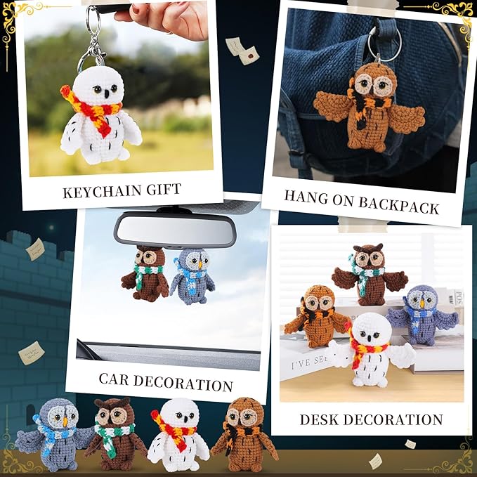 Crochet Kit for Beginners - 4 PCS Owl Crochet Kit with Step-by-Step Video Tutorials, Beginner Crochet Kits for Adults, Crochet Animal Kit for Kids, Crochet Magical Owls Set (White&Brown&Gray&Coffee)