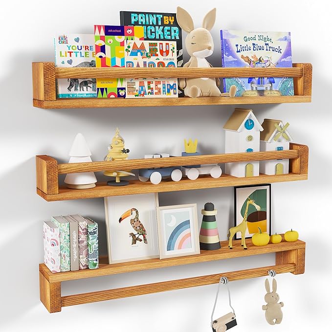 Heimlove Nursery Floating Shelves - 32 inch Solid Wood Wall Mounted Book Shelves for Kids, Set of 3