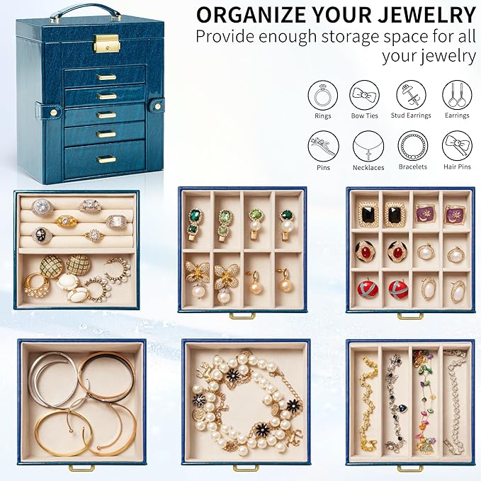 AKOZLIN 6-Tier Jewelry Box Lockable Leather Jewelry Storage Case with 5 Drawers for Women Girls Ring Necklace Earring Bracelet Holder Organizer with Mirror Blue
