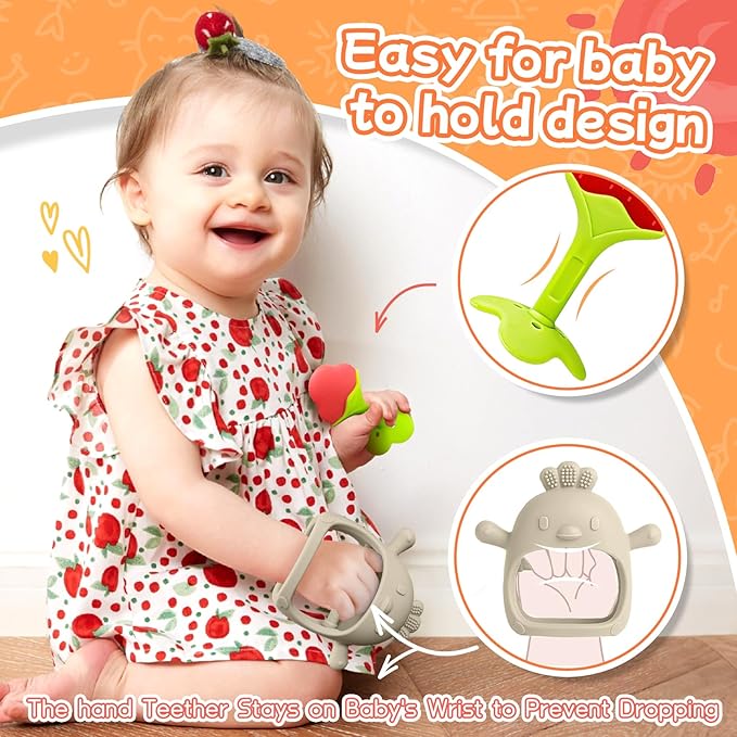 5 Packs Baby Teething Toys for Babies Over 3 Months, Food Grade Silicone Teething Mitten, Anti Dropping Wrist Hand Teethers Baby Chew Toys for Sucking Needs, BPA Free (Caramel)