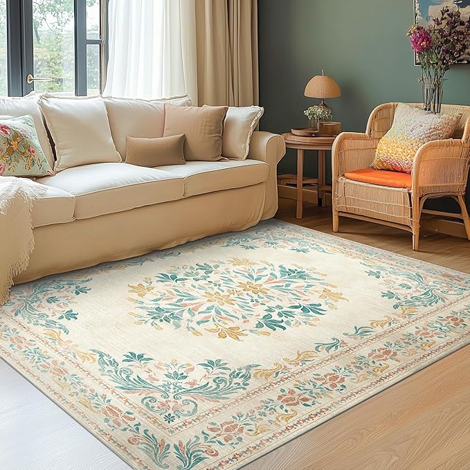 jinchan Floral 5x7 Area Rugs for Nursery - Machine Washable Vintage Distressed Design Soft Ultra-Thin Low-Pile Non-Slip Kids Carpet for Bedroom Living Room Dining Room Home Office (5x7ft,Apricot)