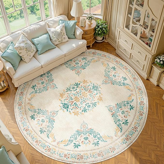 jinchan Round Rug 8ft Area Rugs,Vintage Floral Distressed Design Machine Washable Soft Non-Slip Low-Pile Ultra-Thin Circle Rug for Living Room Dining Room Bedroom Home Office (8' Round,Apricot Multi)