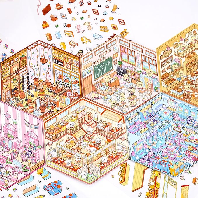 DIY 3D Sticker for Kids, 6 Sets of Cute Stickers for Girls Adult Isometric Sticker Scene Kids Reuseable and Waterproof Stickers