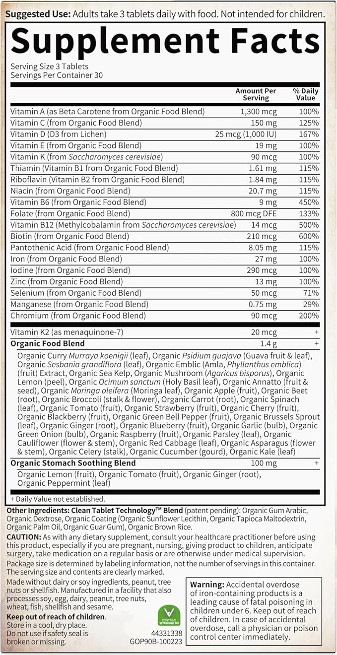 Garden of Life Organics Women’s Prenatal Multivitamin with Vitamin D3, B6, B12, C & Iron, Folate for Energy & Healthy Fetal Development – Organic, Non-GMO, Gluten-Free, Vegan, 90 Day Supply