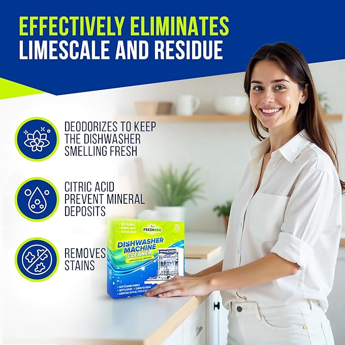 Dishwasher Cleaner and Deodorizer Tablets 26-Pack, Deep Cleaning Descaler for Dishwasher Machine, Heavy Duty, Septic Safe, Removes Grease & Build-ups, 1 Year of Cleaning Supplies (Unscented)