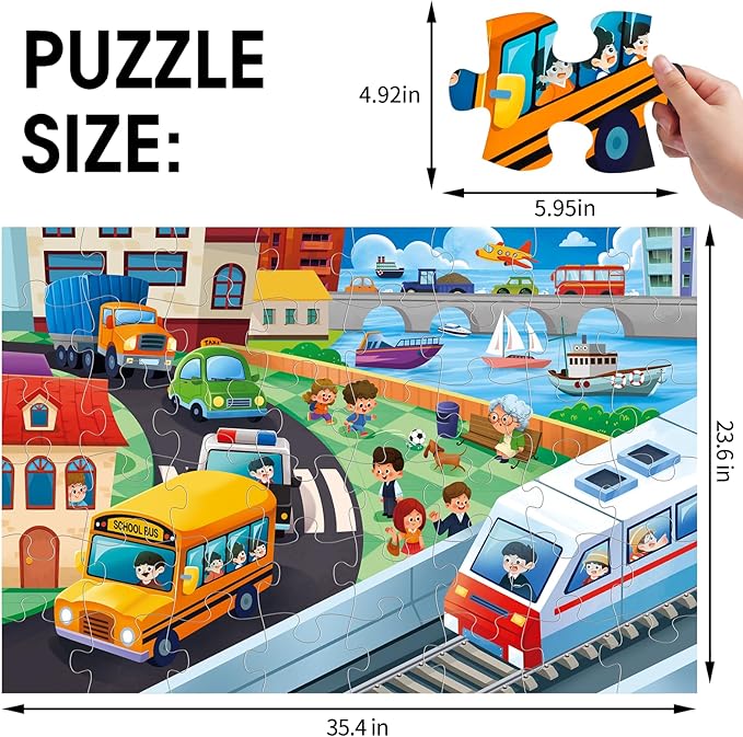Jumbo Floor Puzzle for Kids,City Transportation Jigsaw Large Puzzles,48 Piece City Life Vehicle Puzzle for Toddler Ages 3-5,Children Learning Preschool Educational Toys,Gift for 4-8 Years Old