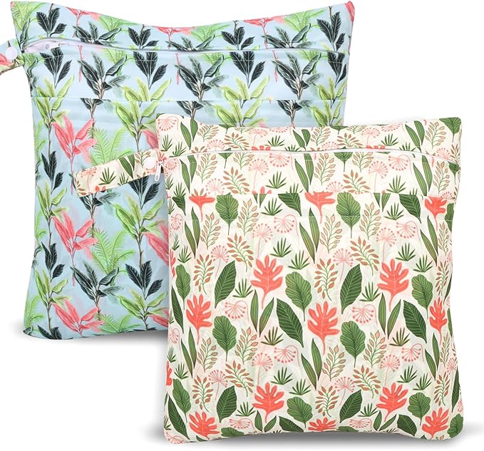 2pcs Cloth Diaper Wet Dry Bags, Waterproof Reusable Wet Bag with 2 Zipper Pockets & Handle, Washable Laundry Bags for Baby Adult Clothes Travel Beach Pool Daycare Yoga Gym Exercise Swimsuits,