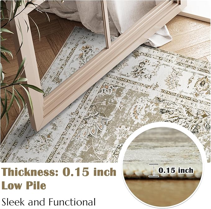 jinchan Runner Rug 2x5 Machine Washable Hallway Rug Taupe Vintage Floral Print Non-Slip Low Pile Ultra-Thin for Kitchen,Entryway,Laundry Room,Bedroom,Farmhouse (2‘x5’,Taupe)
