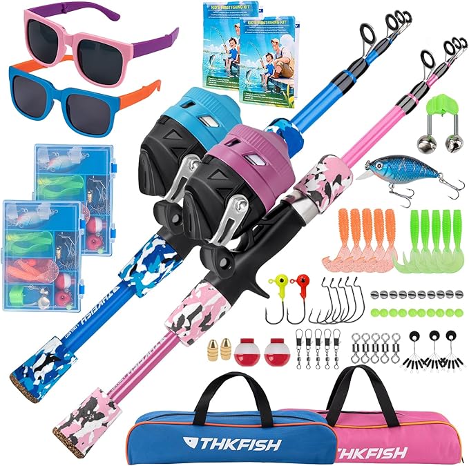Kids Fishing Pole Set, Telescopic Fishing Rod Reel Combo Kids Starter Kit with Lures Tackle Box, Foldable Stool and Portable Bag for Boys Girls Younth