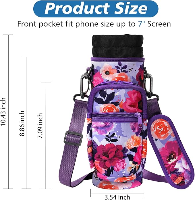 32 40 oz Water Bottle Carrier with Strap, Neoprene Water Bottle Sleeve Bag with 2 Pockets Insulated Flask Sling Holder for Walking Hiking Gym