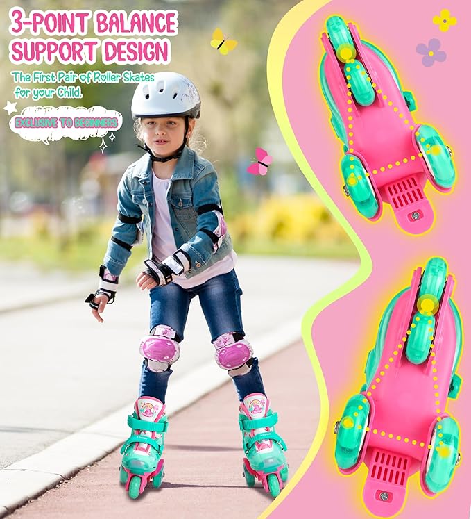 Adjustable Roller Skates for Kids Girls Ladies with Light Up Flash LED Wheels(Age 3-9),Three-Point Type Balance,Gift Box Packing for Toddlers,Children