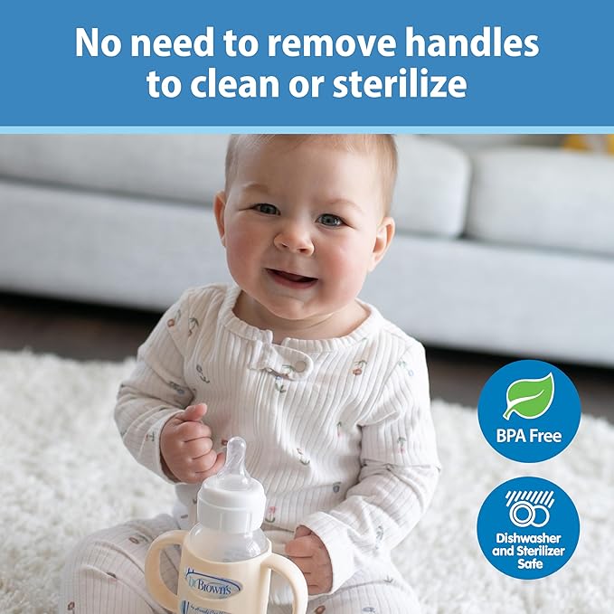 Dr. Brown's Narrow Baby Bottle Handles, 100% Silicone, Easy Grip Removable Handles for Bottle to Sippy Cup Transition, Ecru, 4m+