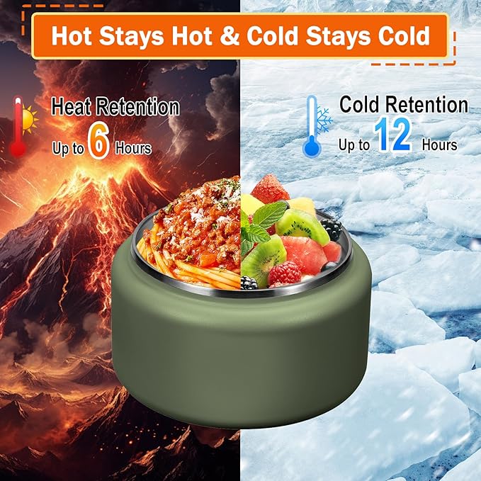 13.5oz Kids Thermos for Hot Food, Insulated Vacuum Food Jar with Buckle Lid, Stainless Steel Wide Mouth Leak Proof Insulated Lunch Container for School Picnic Travel, Green