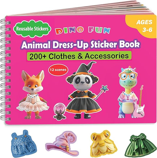 Dino Fun Animal Dress-up Sticker Book for Kids, Reusable Sticker Book for Toddlers 2-4 Years,12 Animals+Over 200 Cloths & Accessories,Sticker Dress up - Removable Sticker Activity Book for Girls