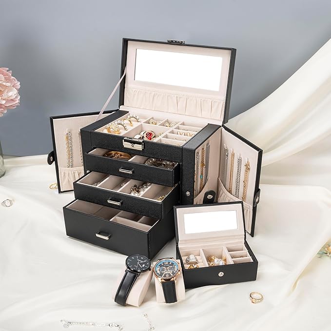 AKOZLIN 4-Tier Jewelry Box Lockable Leather Jewelry Storage Case Organizer with 3 Drawers for Women Girls Ring Necklace Earring Bracelet Watches Holder with Mirror