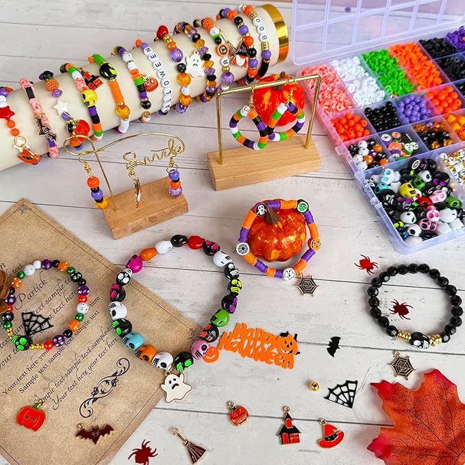3140Pcs Halloween Beads for Bracelet Jewelry Making Kit, Halloween Clay Beads Black White Orange Purple Pumpkin Round Letter Star Skull Bead Bulk with Ghost Witch Hat Charm for DIY Craft Earring