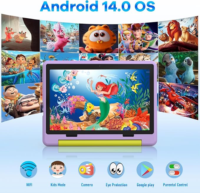 Kids Tablet｜Upgraded Android 14 Tablet 10 inch for Kids with Protective Case｜Octa-Core｜64GB｜1TB TF Card Expandable｜Dual Camera｜Parental Control｜Great Gift for Toddler(Purple)