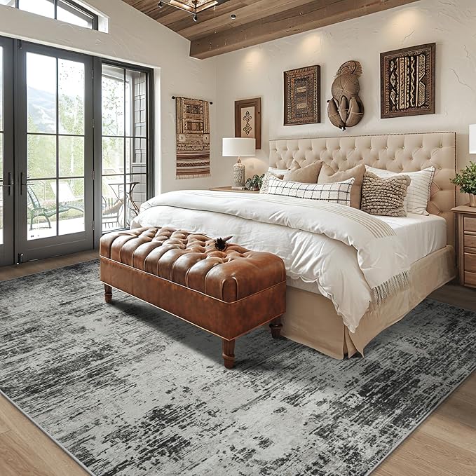 Area Rugs 8x10 Living Room Rugs: Modern Abstract Washable Rug with with Non-Slip Backing, Stain Resistant Indoor Floor Large Carpet for Bedroom Dining Room Table Nursery Hallway Home Office-Black/Gray