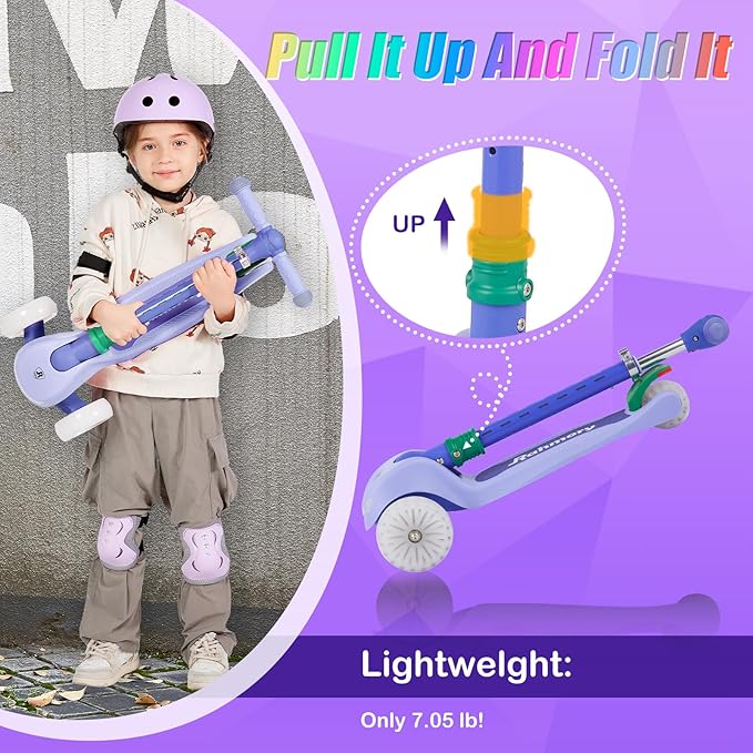 3-Wheel Light-Up Kids Scooter, 20 Different Light Patterns,Three Adjustable Heights,Lean to Steer, Balance Scooter for Ages 3-8