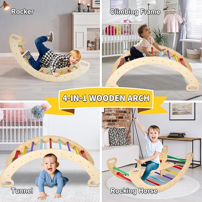 9-in-1 Climbing Triangle Set with Detachable Wooden Climbing Arch for Rocking Horse and Climbing, Indoor Triangle Jungle Playground Gym for Toddlers
