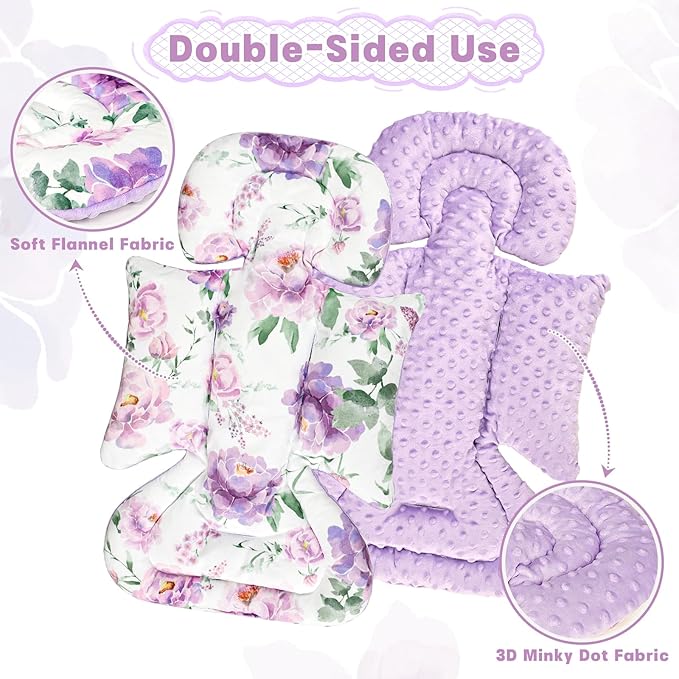 Infant Car Seat Insert, Soft Baby Car Seat Head & Body Support for Girl Boy, Reversible Newborn Preemie Carseat Insert Cushion with 3 Straps Pads Fits CarSeat, Stroller, Swing, Bouncer, Purple Floral