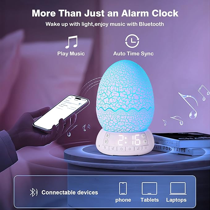 Kids Fun Alarm Clock with Night Light for Bedroom,16 Sleep Sounds Noise Machine& Bluetooth Speaker, 8-Color Dimmable Wake-Up Light with 10/30/60 Minutes Timer, Egg Decorative Light Gift for Boys Girls