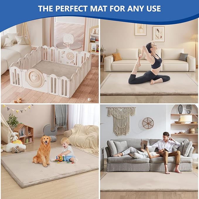 Baby Play Mat for Floor,1.3" Thick Memory foam Tummy Time Mat,Soft Coral Velvet Nursery Rug,Extra Large Non Slip for Crawling,Toddlers,Infants,kids,Tatami Style for Living Room(Beige)