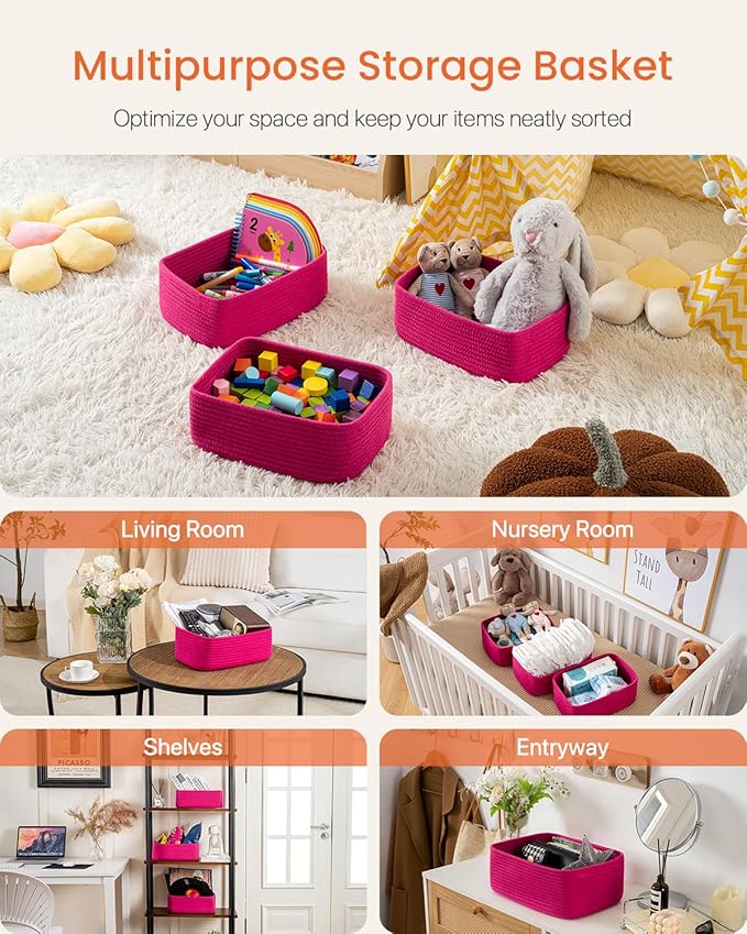 KALLAX Small Woven Basket, 12 x 8 x 4.5 Inches, Storage Basket for Organizing, Cute Small Rope Shelf Closet Cube Storage Bins Baskets for Shelves, Dog Toy Gift Baskets Empty, 3 Packs, Hot Pink