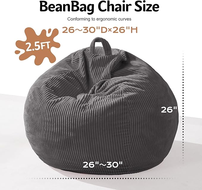 Homguava 2FT Bean Bag Chair,Teardrop Bean Bags Small Beanbag Chair with Memory Foam Filled and Ultra Soft Corduroy Cover for Living Room, Bedroom (Small,Grey)
