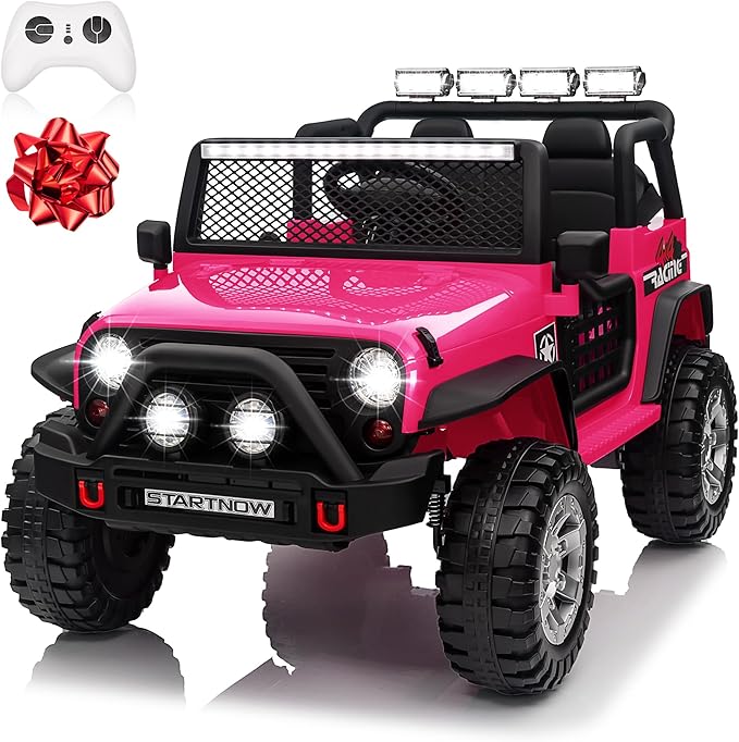 24V 4WD Ride on Truck Car w/800W Motors, Gift Flower, Remote Control, 2 Seaters, Light Bar, 3 Speeds, Pop Music, Power Four Wheels, 24 Volt Ride on Toy Car for Big Kids, Rose Red