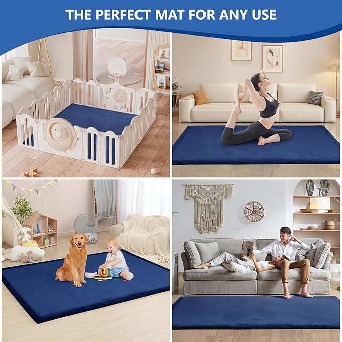 Baby Play Mat for Floor,1.3" Thick Elasti-Foam 74×50 Playpen Mat for Toddlers Infant kids,Water-Repellent Soft Coral Velvet for Tummy Time, Non-Slip Backing for Crawling,Tatami Style(Dark Blue)