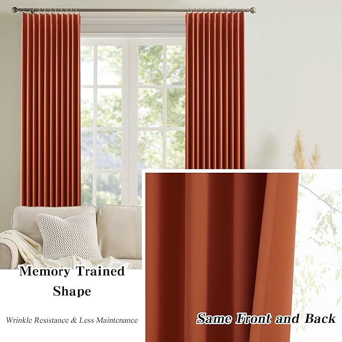 KEQIAOSUOCAI Burnt Orange Window Curtains 63 Inches Long, Block Out Room Darkening Insulated Memory Shape Boho Muted Ochre Orange Curtain for Bedroom 40 Inch Wide Each Panel,Set of 2,Pinch Pleat