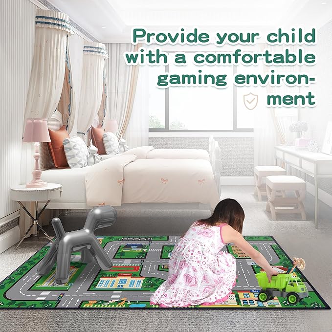 Fun Car Play Area Carpet Car Mat 59"x39" Play Rug for Playroom Town City Road Map for Boys Bedroom Non-Slip Washable