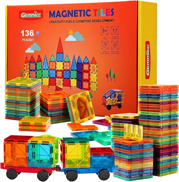 Gemmicc Magnetic Tiles, Deluxe 136 PCS Building Blocks Magnet Toys for Kids,3D Magnet Puzzles Stacking Blocks for Boys Girls,Huge Set with 2 Cars