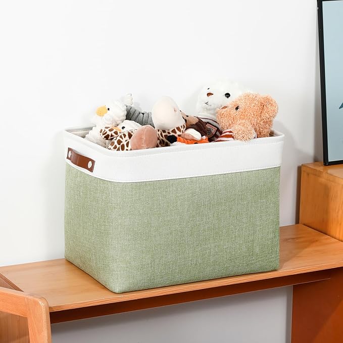 DULLEMELO 16 inch Fabric Storage Basket, Decorative Storage Boxes with Leather Handle for Closet Shelf Nursery, Collapsible Linen Storage Bins for Organizing Toys Book Towel Organizers(White&Green)