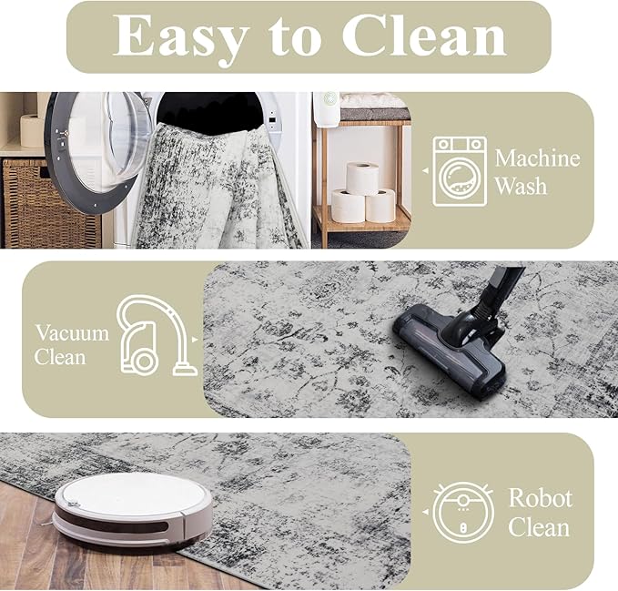 4x6 Washable Area Rug for Living Room, Carpet for Bedroom, Soft Faux Wool Retro Dining Room Rug, Non Slip&Non-Shedding Resistant Low Pile Vintage Print Rug for Home Office (White/Grey)