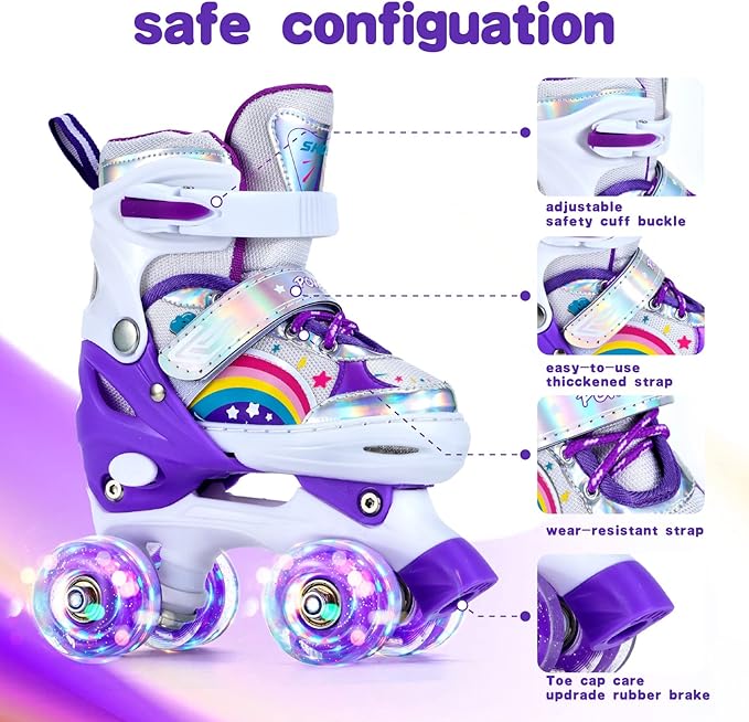 Girls Roller Skates for Kids Beginners 4 Size Adjustable Roller Skates, Light UP 8 Wheels for Girls Roller Skate Fun Illuminating Roller Skate for Kids Boys patines para niñas