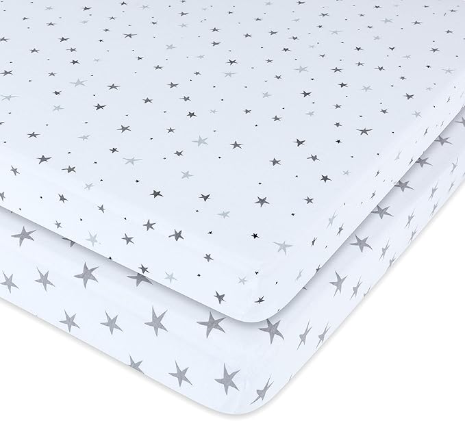 Ely's & Co. Patent Pending Waterproof Pack n Play│Mini Crib Sheet 2-Pack Set for Baby Boy or Baby Girl - 100% Combed Jersey Knit Cotton Sheets with Eco-Friendly Waterproof Lining — Grey Stars