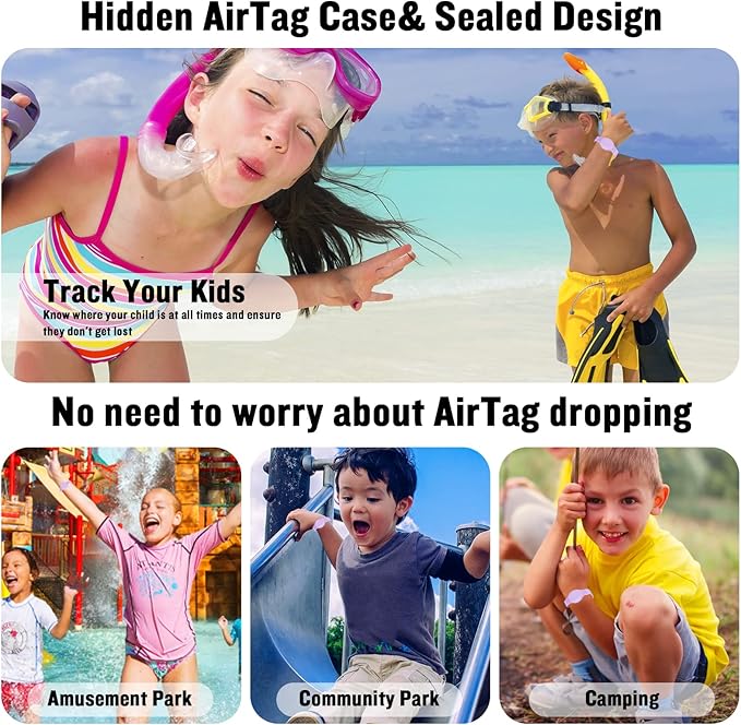 2 Pack Waterproof Bracelet for AirTag Kids, Hidden Silicone Wristband for AirTag, GPS Tracker Case for Air Tag Holder Strap for Child Toddler, Secure Anti-Loss Protection(Purple Black)