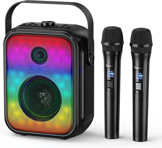 Karaoke Machine, Portable Bluetooth Speaker with 2 Wireless Karaoke Microphones, Karaoke Machine for Adults Kids with Subwoofer, LED Light Support TWS/FM/USB/AUX for Home Party Outdoor