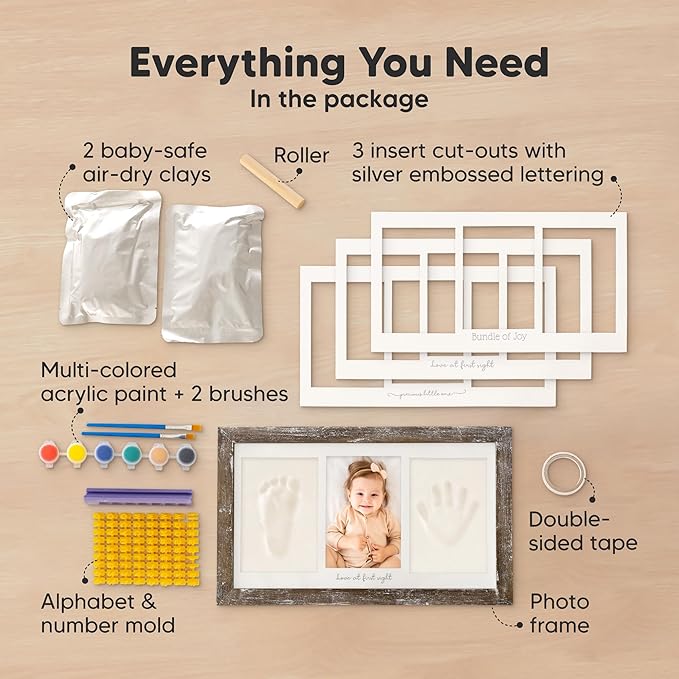 Baby Hand and Footprint Kit - Clay Handprint Keepsake Frame, Newborn Nursery Picture Frame, Personalized New Mom Gifts for Baby Shower & Registry (Barnwood)