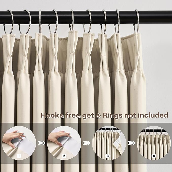 KEQIAOSUOCAI Pinch Pleated Curtains 105 Inches Long,Memory Shape Room Darkening Soundproof Window Curtains with Hooks for Bedroom Living Room Track System 100 x 105 x 2 Panels Cream Beige