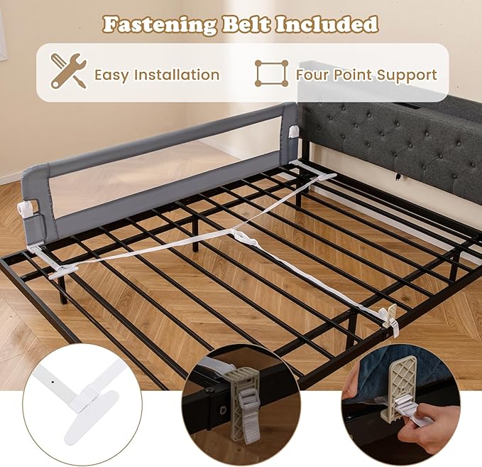 BABY JOY Double Sided Bed Rail Guard, 2 Pack, Extra Long, Swing Down for Convertible Crib, Folding Baby Safety Bedrail for Kids Twin Full Size Queen King Mattress, Rails for Toddlers (Light Gray, 71")