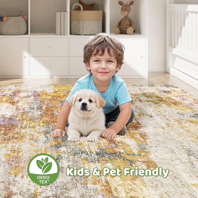 8X10 Area Rugs Living Room: Washable Large Abstract Modern Soft Stain Resistant Indoor Floor Rugs Non Slip Accent Carpet for Bedroom Nursery Playroom Office Dining Room Dorm Home House- Gold Colorful