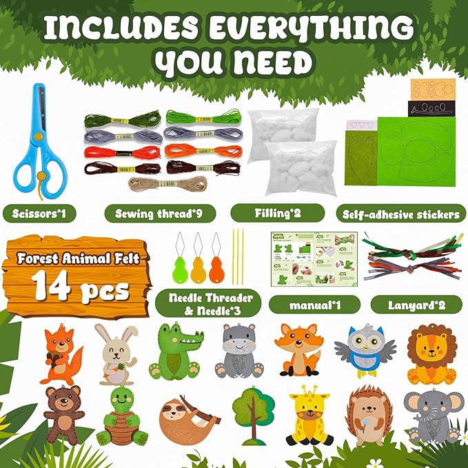 Garma Animal Sewing Kit for Kids - 14 in 1 Kids Sewing Crafts Kit for Beginners - Mini Sewing Kits for Kid 5-8 8-12 - Easy Sew Your Own Felt Animals DIY Craft Set for Boys & Girls Birthday